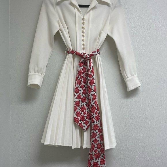 Vintage 60’s Mod A-Line Tannel Pleated Dress Tapastry Belt Sash Pearl Buttons Sm - Picture 11 of 16